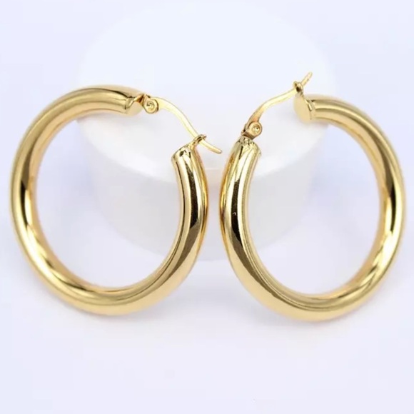 ¥NEW 18K YELLOW GOLD ROUND 1.2” Tube HOOP EARRINGS - Picture 1 of 6